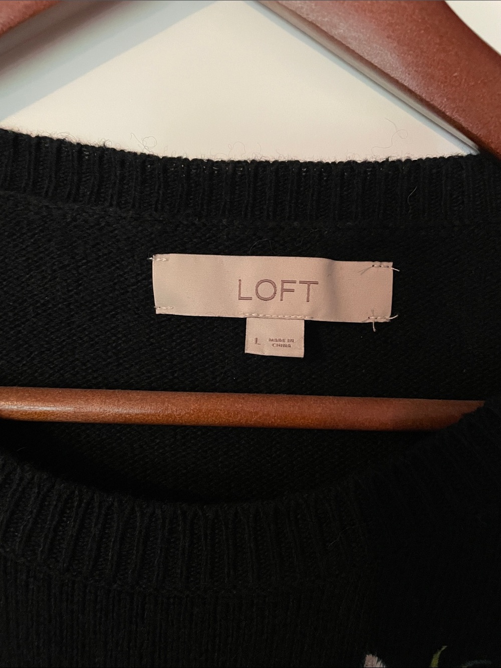 LOFT Black Sweater with Pink Floral Embroidery - Picture 2 of 6